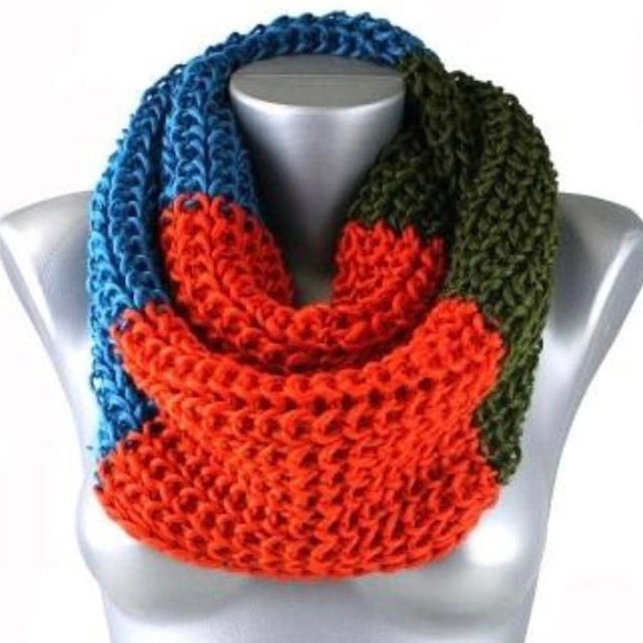 NEW Winter Knit Infinity Scarf Orange Green Blue Striped Scarf - Picture 5 of 5